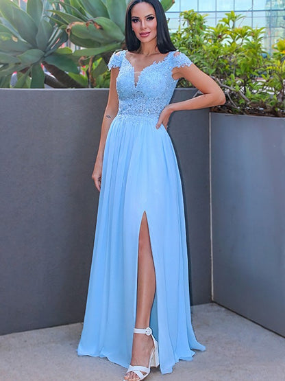 A-Line/Princess Floor-Length Off-the-Shoulder Sleeveless Chiffon Applique Dresses