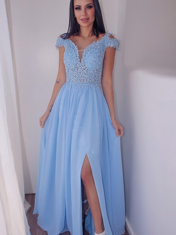 A-Line/Princess Floor-Length Off-the-Shoulder Sleeveless Chiffon Applique Dresses