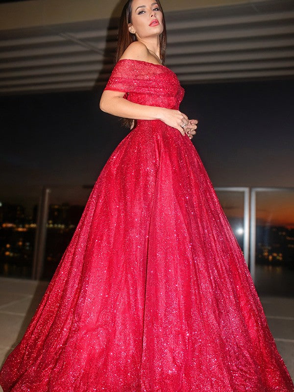 Ball Gown Off-the-Shoulder Sleeveless Satin Ruffles Floor-Length Dresses