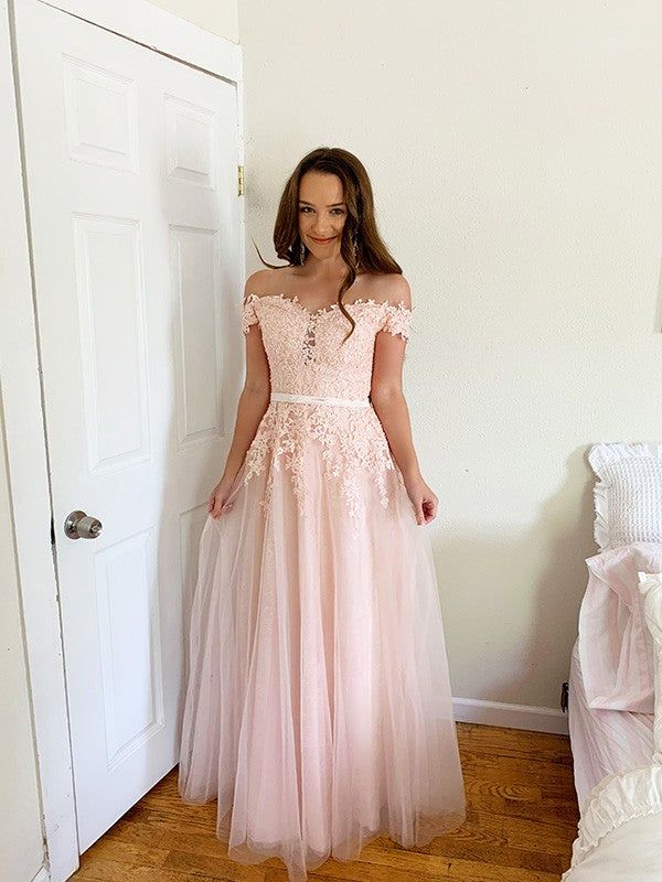 A-Line/Princess Tulle Off-the-Shoulder Floor-Length Applique Sleeveless Dresses