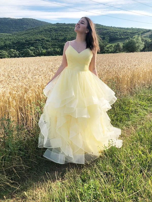 A-Line/Princess Ruffles Spaghetti Straps Sleeveless Tulle Floor-Length Dresses