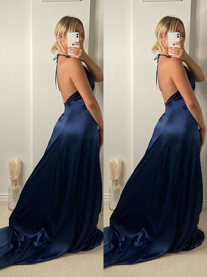 A-Line/Princess V-neck Sweep/Brush Train Ruffles Silk like Satin Sleeveless Dresses