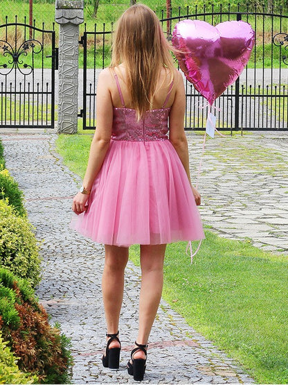 A-Line/Princess Sleeveless Tulle Sequin Spaghetti Straps Short/Mini Homecoming Dresses