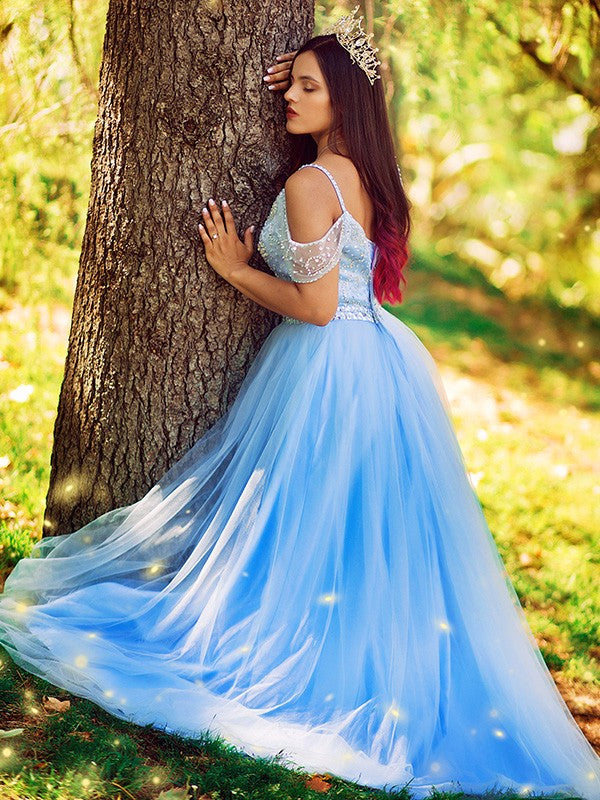 A-Line/Princess Tulle Beading Off-the-Shoulder Sleeveless Floor-Length Dresses