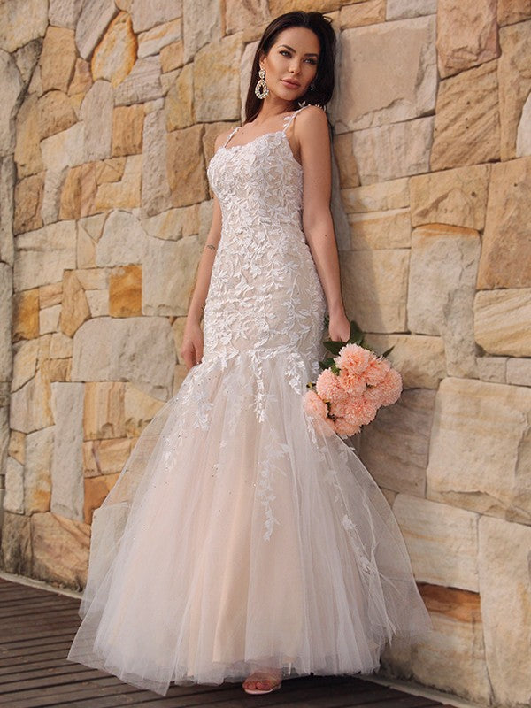 Trumpet/Mermaid Tulle Applique Sleeveless Spaghetti Straps Floor-Length Dresses