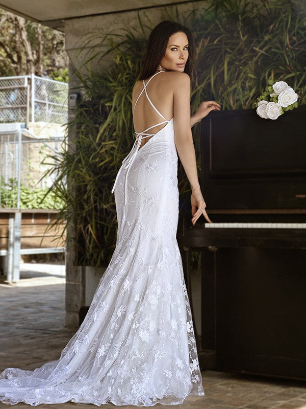 Trumpet/Mermaid Sleeveless Tulle Lace Spaghetti Straps Court Train Wedding Dresses