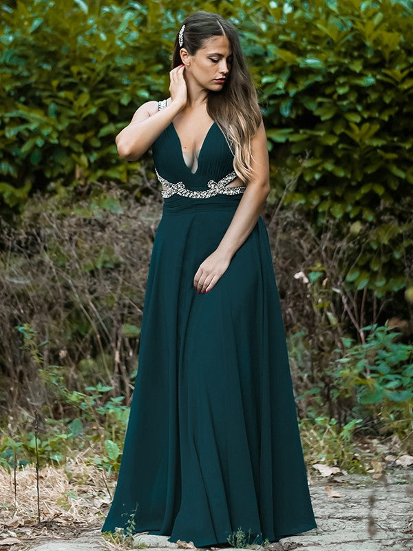 A-Line/Princess Chiffon Beading V-neck Sleeveless Floor-Length Dresses