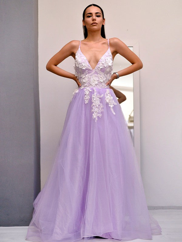 A-Line/Princess Tulle V-neck Applique Sleeveless Sweep/Brush Train Dresses