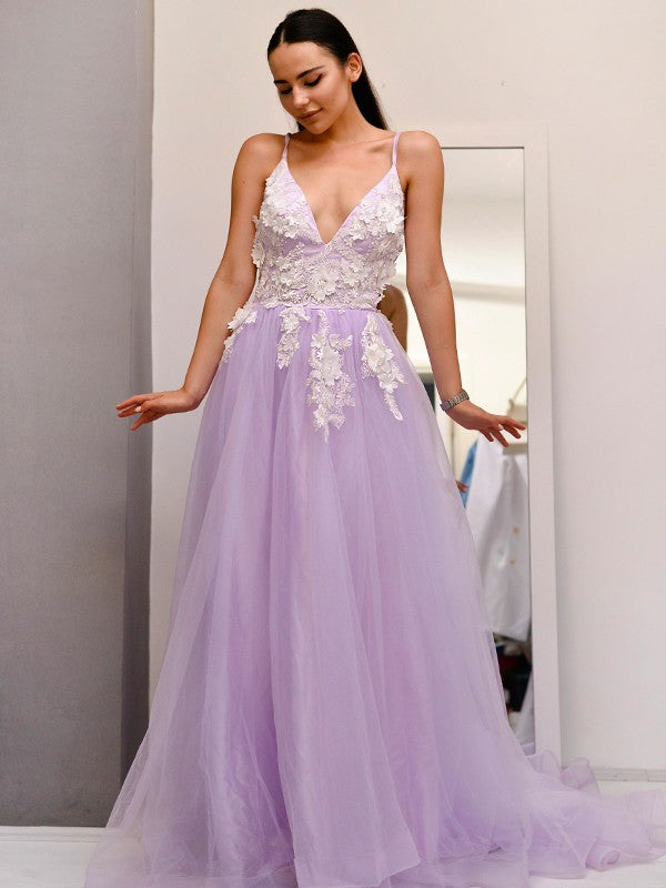 A-Line/Princess Tulle V-neck Applique Sleeveless Sweep/Brush Train Dresses