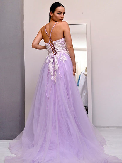 A-Line/Princess Tulle V-neck Applique Sleeveless Sweep/Brush Train Dresses