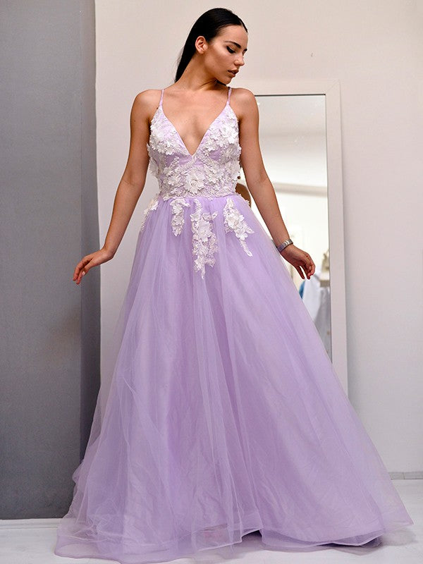 A-Line/Princess Tulle V-neck Applique Sleeveless Sweep/Brush Train Dresses