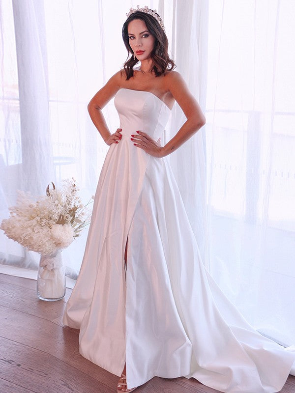 A-Line/Princess Satin Ruffles Strapless Sleeveless Sweep/Brush Train Wedding Dresses