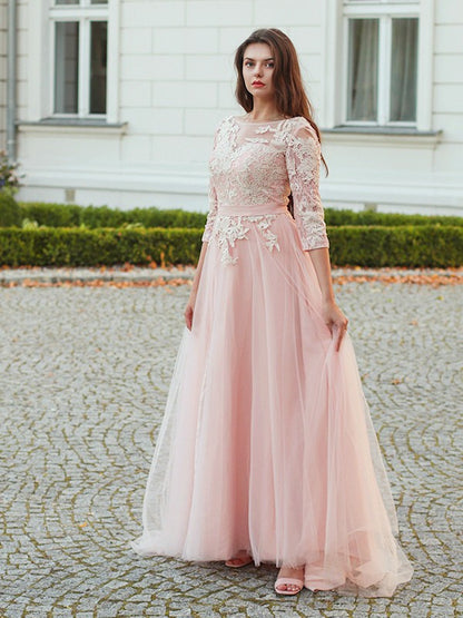 A-Line/Princess Tulle Applique Bateau 3/4 Sleeves Sweep/Brush Train Dresses