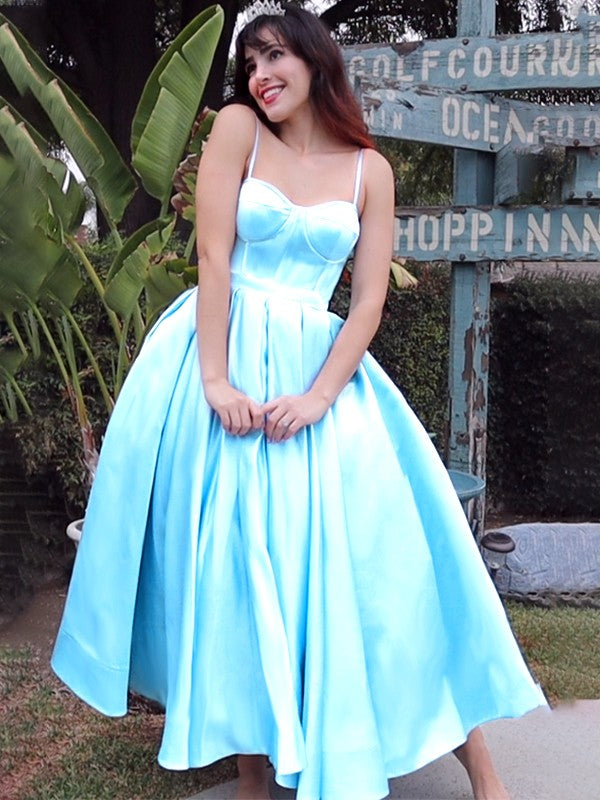 Ball Gown Spaghetti Straps Sleeveless Satin Ruffles Tea-Length Homecoming Dresses