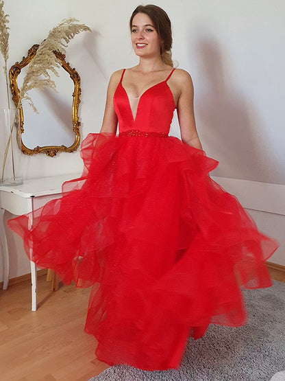 A-Line/Princess Tulle Layers Spaghetti Straps Sleeveless Floor-Length Dresses