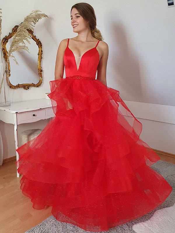 A-Line/Princess Tulle Layers Spaghetti Straps Sleeveless Floor-Length Dresses