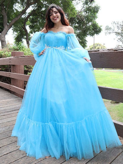 A-Line/Princess Off-the-Shoulder Tulle Applique Long Sleeves Floor-Length Dresses