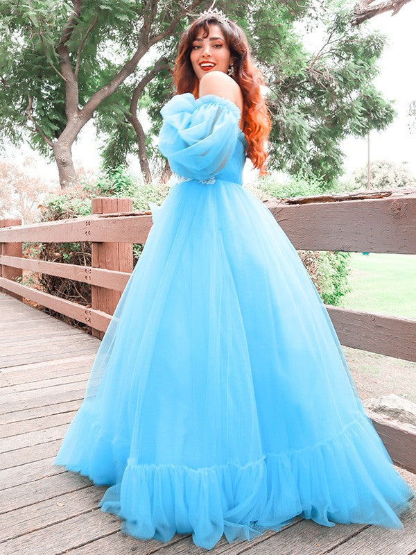 A-Line/Princess Off-the-Shoulder Tulle Applique Long Sleeves Floor-Length Dresses