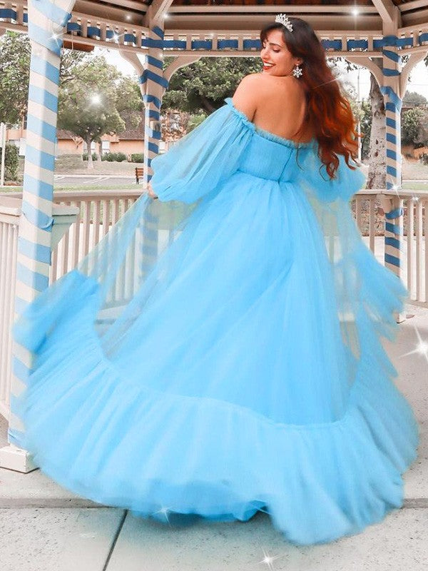 A-Line/Princess Off-the-Shoulder Tulle Applique Long Sleeves Floor-Length Dresses