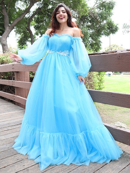 A-Line/Princess Off-the-Shoulder Tulle Applique Long Sleeves Floor-Length Dresses