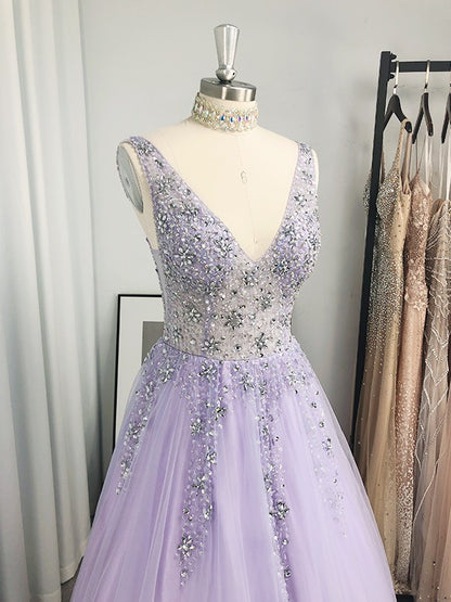 A-Line/Princess Tulle Beading V-neck Sleeveless Floor-Length Dresses