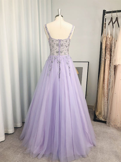 A-Line/Princess Tulle Beading V-neck Sleeveless Floor-Length Dresses