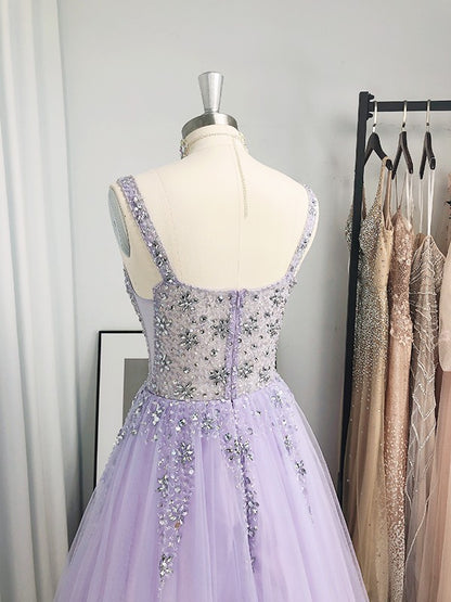 A-Line/Princess Tulle Beading V-neck Sleeveless Floor-Length Dresses