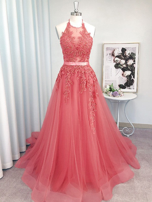 A-Line/Princess Sleeveless Tulle Halter Applique Sweep/Brush Train Dresses