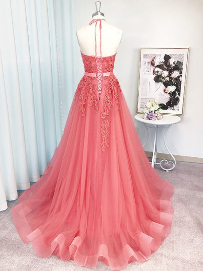 A-Line/Princess Sleeveless Tulle Halter Applique Sweep/Brush Train Dresses