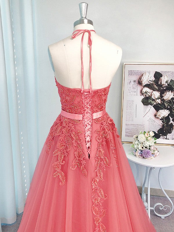 A-Line/Princess Sleeveless Tulle Halter Applique Sweep/Brush Train Dresses