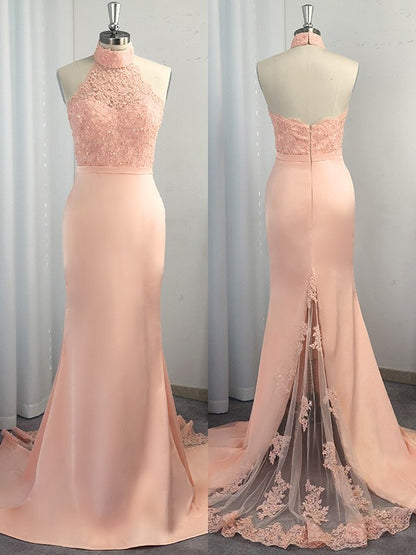 Trumpet/Mermaid Halter Sleeveless Satin Lace Sweep/Brush Train Dresses