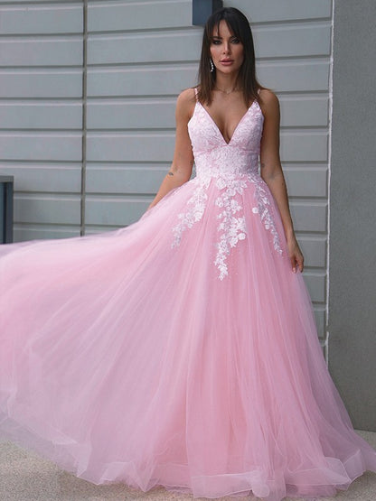 A-Line/Princess Tulle V-neck Applique Sleeveless Floor-Length Dresses