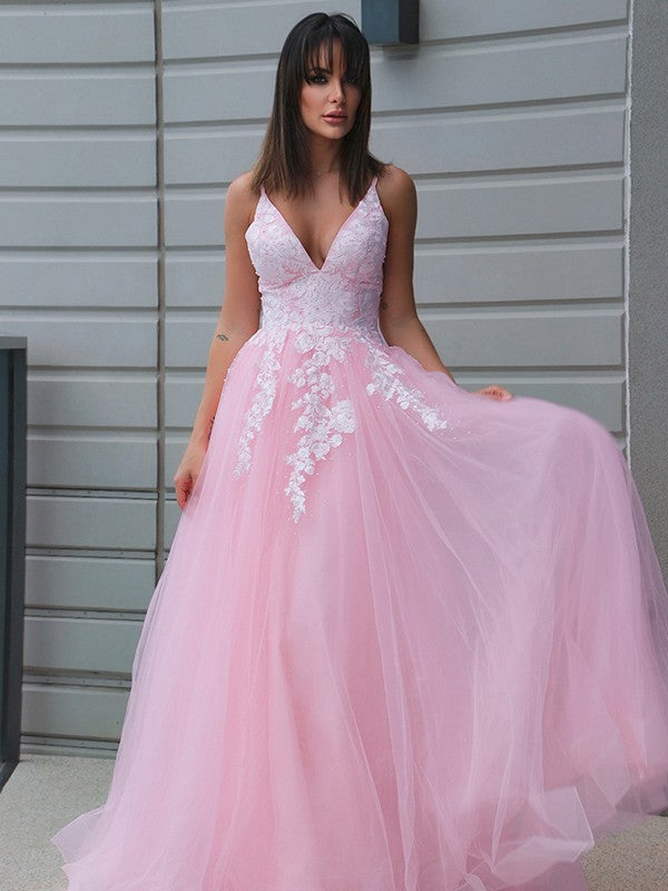 A-Line/Princess Tulle V-neck Applique Sleeveless Floor-Length Dresses