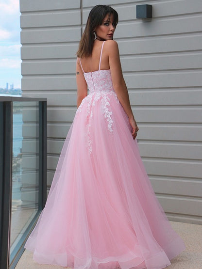 A-Line/Princess Tulle V-neck Applique Sleeveless Floor-Length Dresses