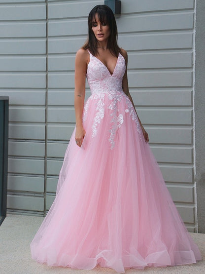 A-Line/Princess Tulle V-neck Applique Sleeveless Floor-Length Dresses