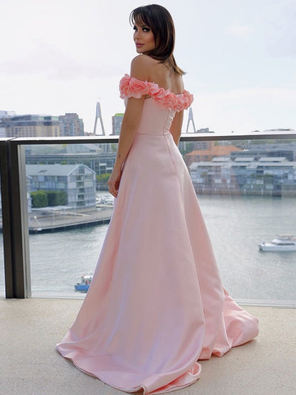 A-Line/Princess Satin Off-the-Shoulder Sleeveless Hand-Made Flower Sweep/Brush Train Dresses