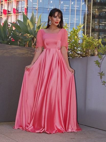 A-Line/Princess Square 1/2 Sleeves Elastic Woven Satin Ruffles Floor-Length Dresses