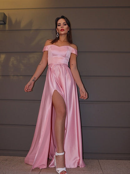 A-Line/Princess Off-the-Shoulder Sleeveless Ruffles Charmeuse Sweep/Brush Train Dresses