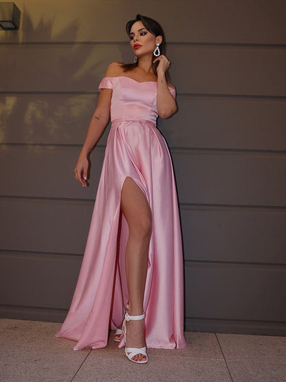 A-Line/Princess Off-the-Shoulder Sleeveless Ruffles Charmeuse Sweep/Brush Train Dresses