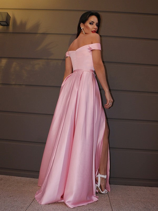 A-Line/Princess Off-the-Shoulder Sleeveless Ruffles Charmeuse Sweep/Brush Train Dresses