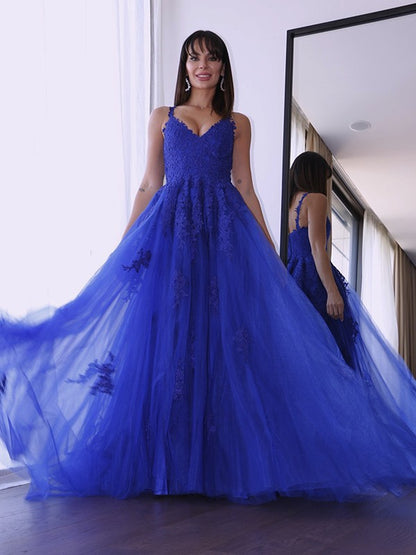 A-Line/Princess Tulle V-neck Sleeveless Applique Sweep/Brush Train Dresses