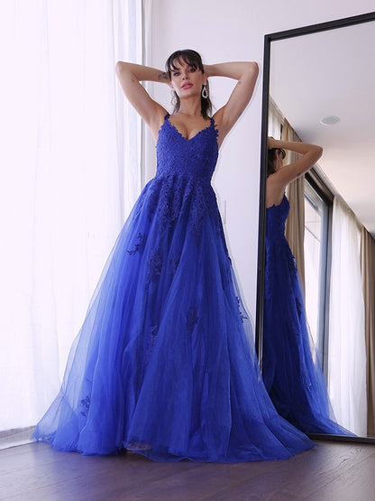 A-Line/Princess Tulle V-neck Sleeveless Applique Sweep/Brush Train Dresses