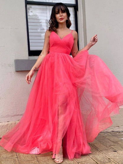 A-Line/Princess Tulle Ruffles V-neck Sleeveless Sweep/Brush Train Dresses