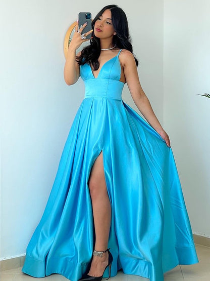 A-Line/Princess Spaghetti Straps Satin Sleeveless Ruffles Floor-Length Dresses