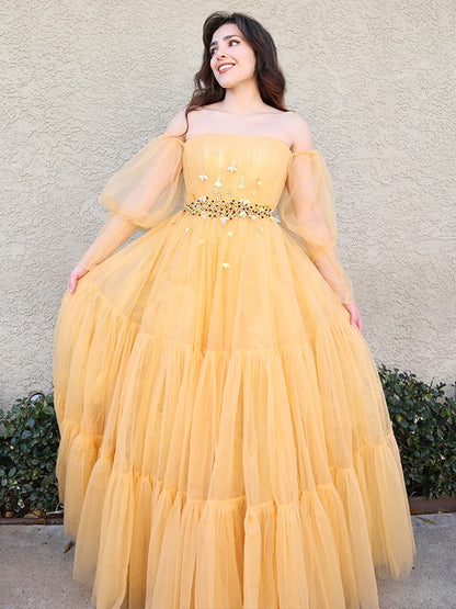 A-Line/Princess Tulle Beading Off-the-Shoulder Long Sleeves Floor-Length Dresses