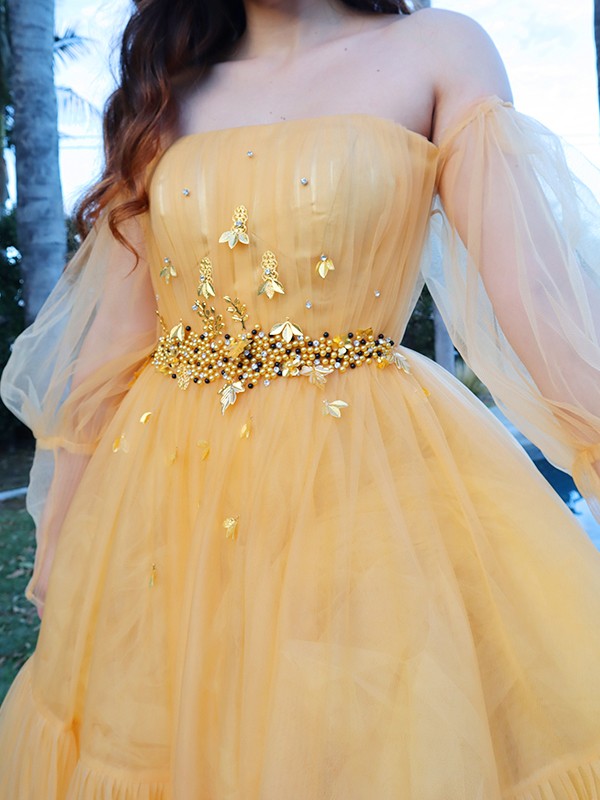 A-Line/Princess Tulle Beading Off-the-Shoulder Long Sleeves Floor-Length Dresses