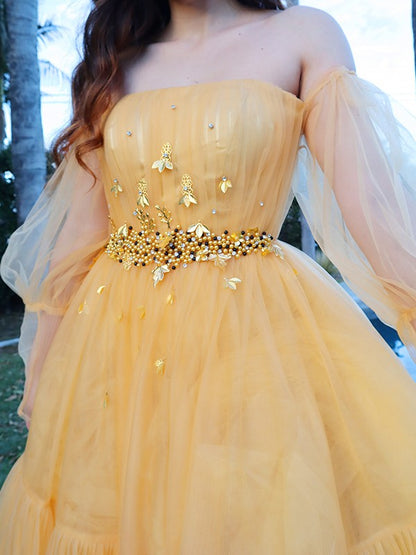 A-Line/Princess Tulle Beading Off-the-Shoulder Long Sleeves Floor-Length Dresses