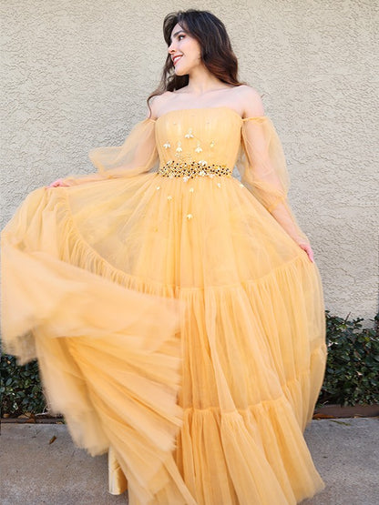 A-Line/Princess Tulle Beading Off-the-Shoulder Long Sleeves Floor-Length Dresses