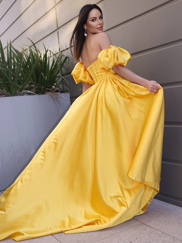 A-Line/Princess Satin Ruffles Off-the-Shoulder Short Sleeves Sweep/Brush Train Dresses