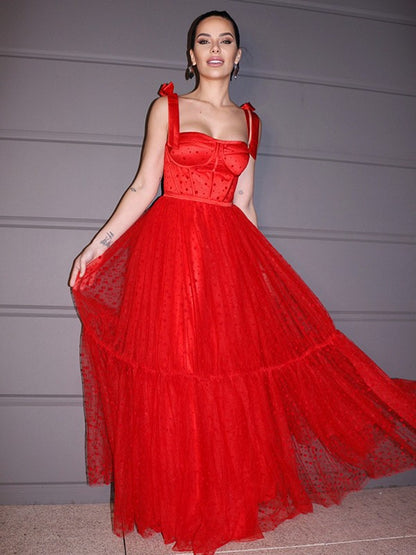 A-Line/Princess Lace Ruffles Square Sleeveless Floor-Length Dresses